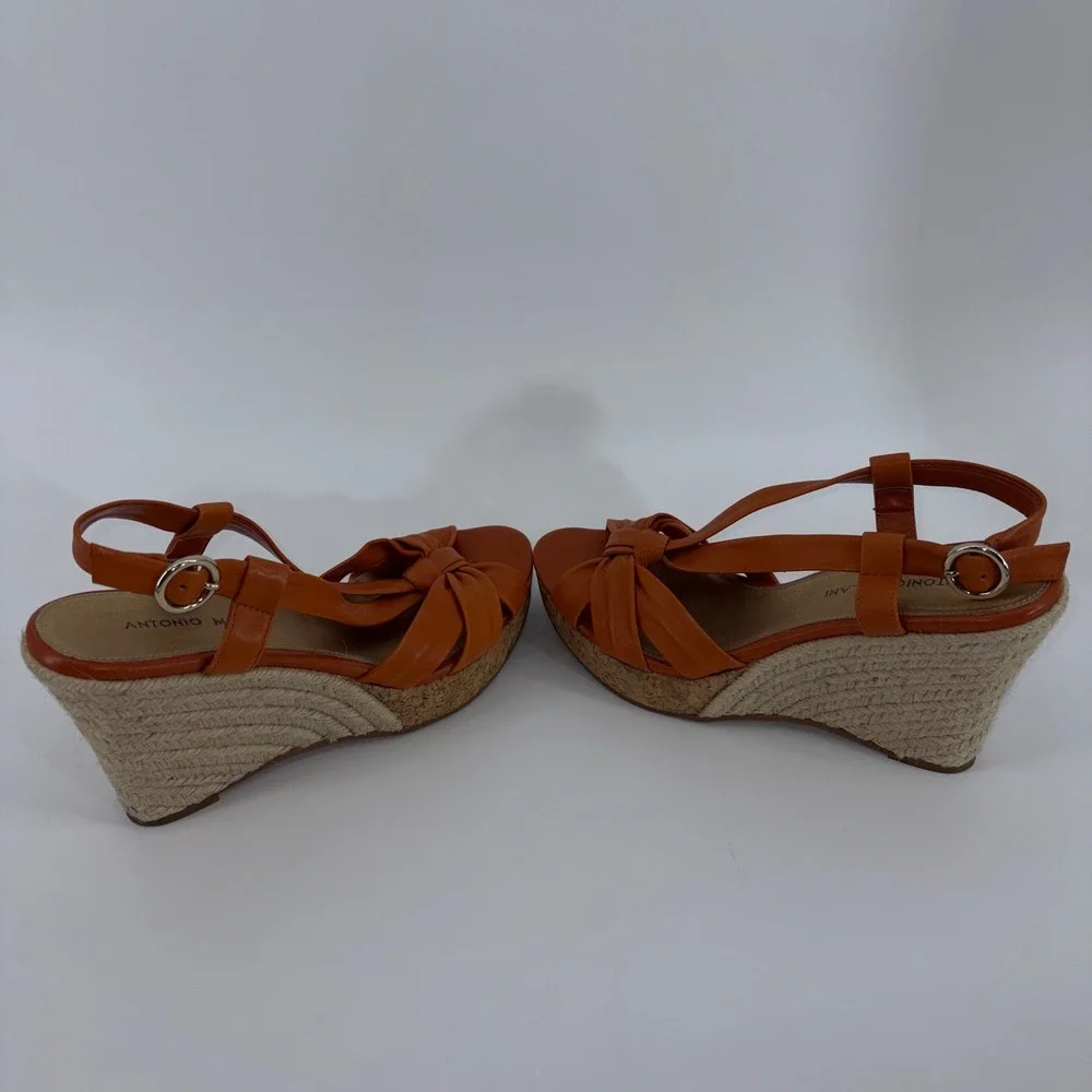 Antonio Melani Orange Leather Espadrille Wedge Sandals Bow Ankle Strap Size 8M